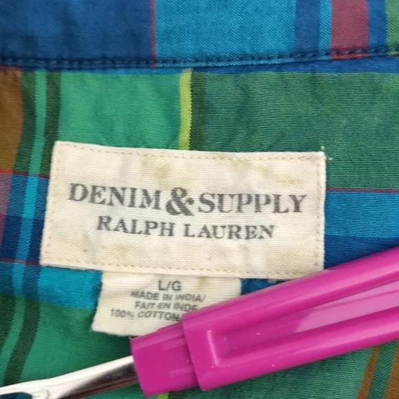 Ralph Lauren Colorful Green & Blue Plaid Snap Button-Up Shirt Large - Picture 11 of 11